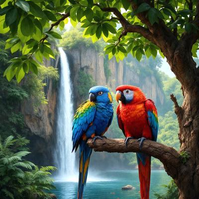 The primary subject of the image is a pair of colorful birds, specifically two parrots, perched on a tree branch. The setting is a lush, green environment with a waterfall in the background. The visual style of the image is a digital art or illustration, showcasing the vibrant colors and intricate details of the parrots. The overall atmosphere of the image is lively and full of energy, with the parrots as the main focus.